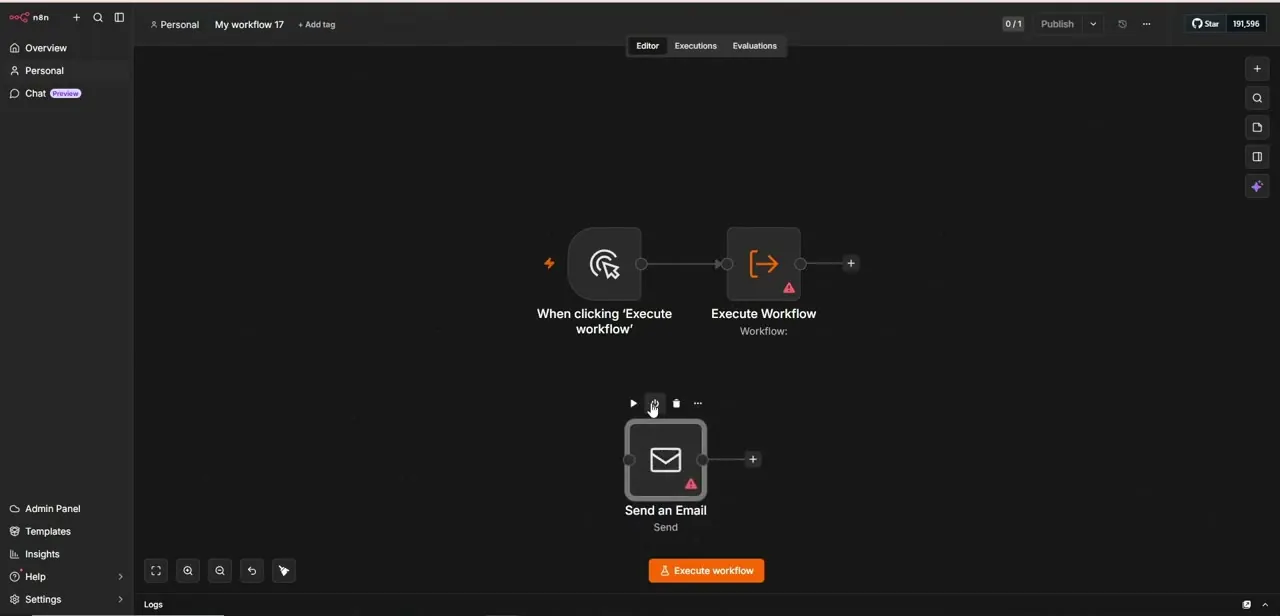 An Execute Workflow node connected to a manual trigger, showing the unconfigured "Workflow:" field and a warning icon before a target workflow is chosen.