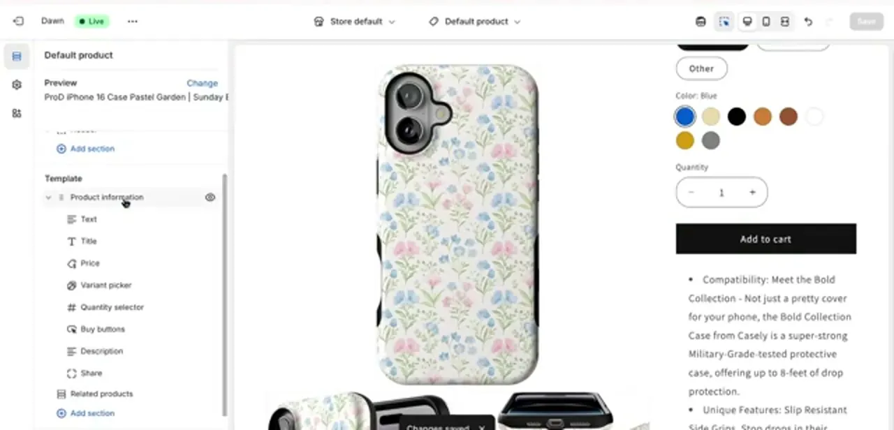 The Default product template with Product information expanded, showing Buy buttons among the blocks in the left panel.