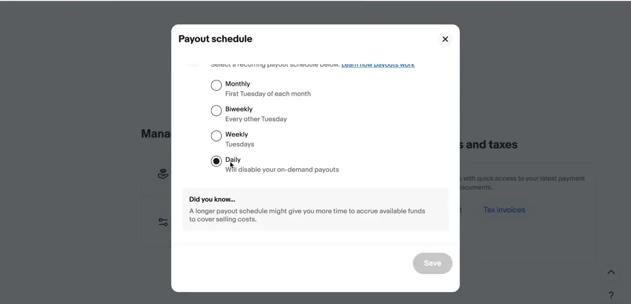 The Payout schedule screen, with Daily selected and a note that it disables on-demand payouts.