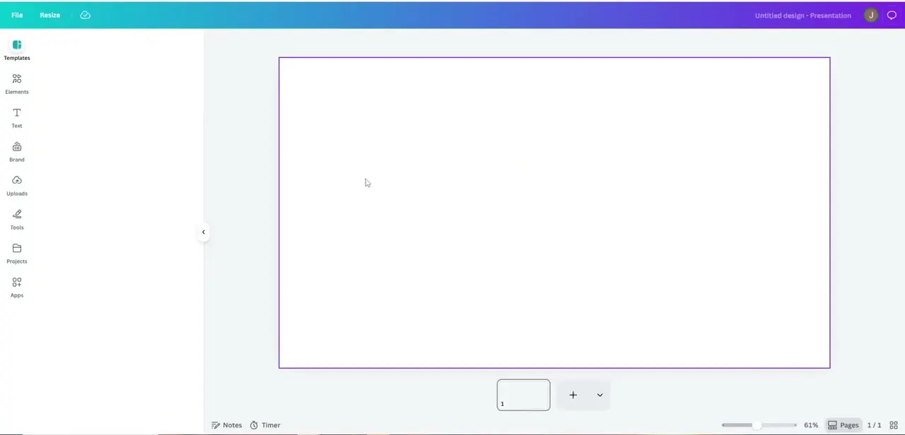 A blank Canva canvas, ready for the downloaded Gemini image to be uploaded and placed before editing.