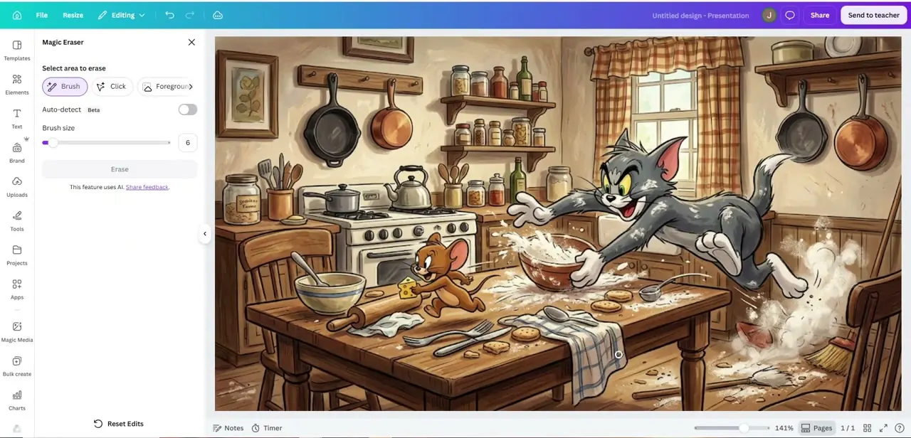 Canva's Magic Eraser mid-edit, brush tool selected and sized to paint over the watermark area directly on the image.
