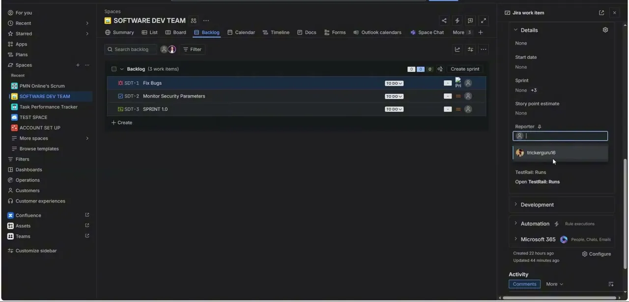 The Reporter field opened for editing, with a search dropdown showing a matching user ready to be selected.
