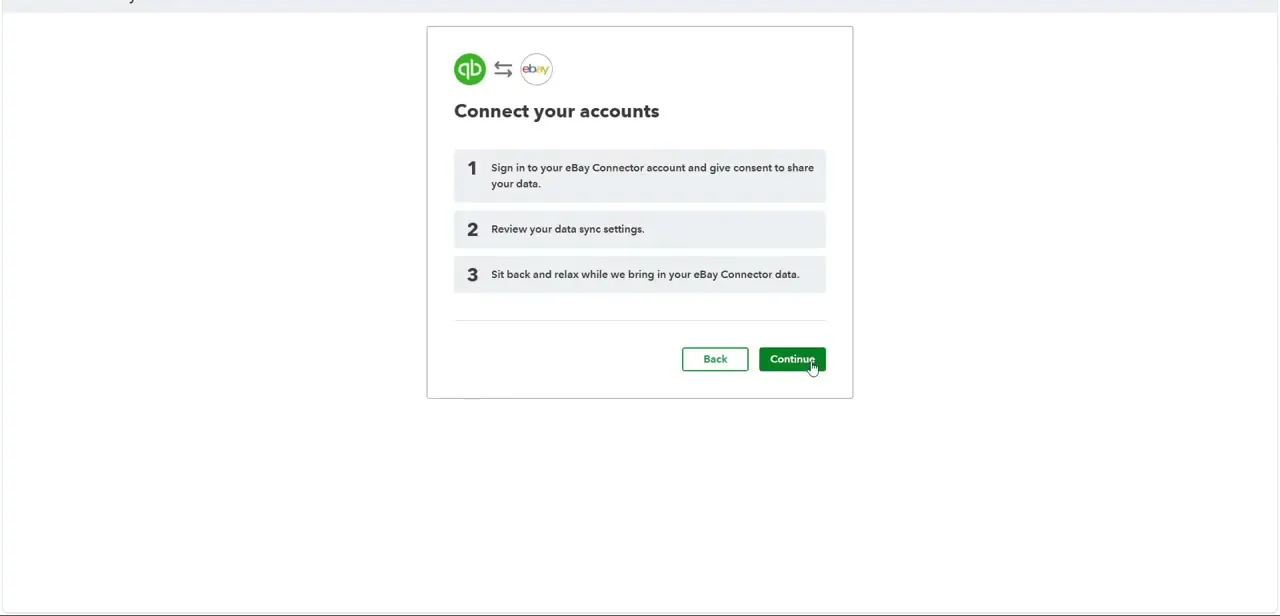 The eBay Connector's account-linking screen, laying out the three steps to sign in, review sync settings, and bring in eBay data.