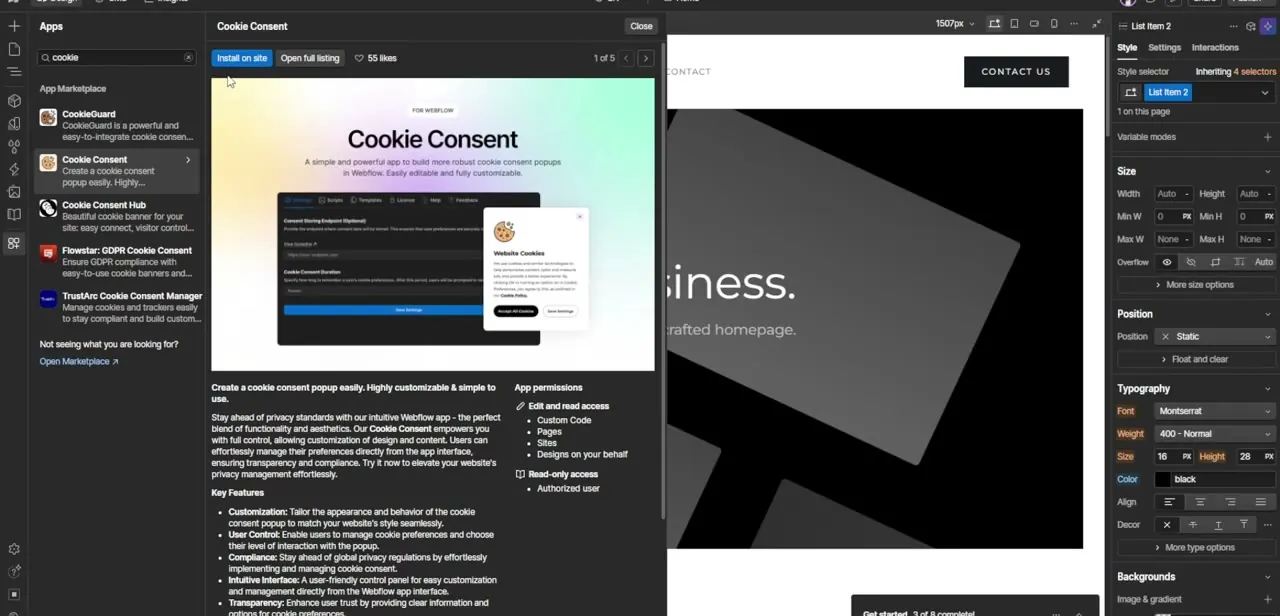 The Cookie Consent app's detail panel, showing its preview screenshots, key features, and the access permissions it requests.