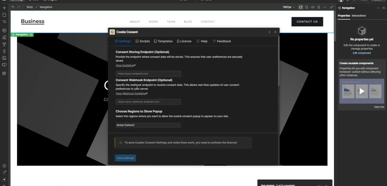 The Cookie Consent app's Settings tab, with fields for a storing endpoint, a webhook endpoint, and the regions where the popup should appear.