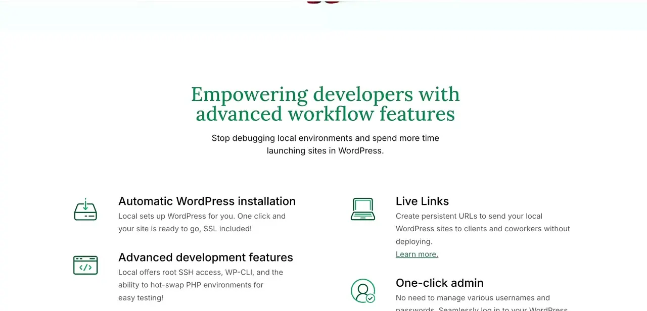 LocalWP's feature summary — automatic WordPress installation with SSL, Live Links for sharing a local site, one-click admin login, and advanced tools like SSH and WP-CLI.