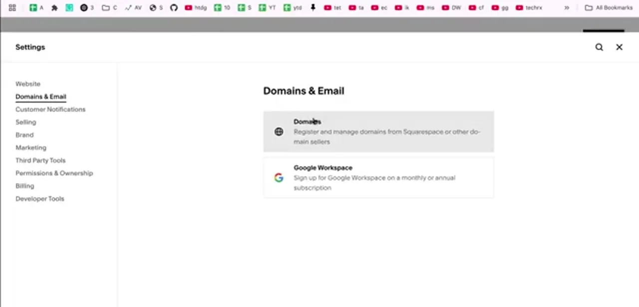 Domains & Email inside Squarespace Settings, offering a Domains card for registration and management alongside Google Workspace.