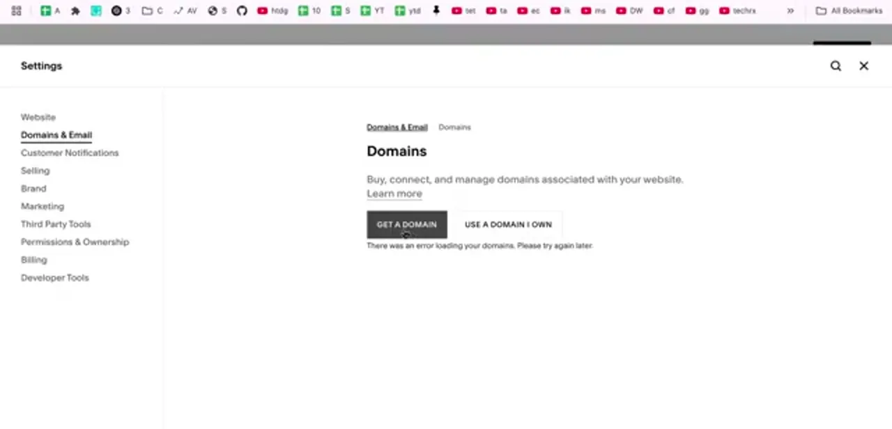 The Domains page with its two starting points side by side: Get a Domain to buy one, or Use a Domain I Own to connect an existing name.