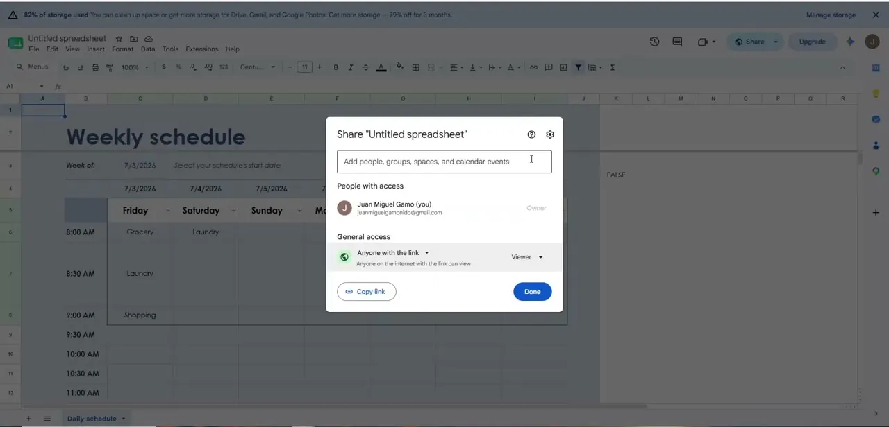 The Share dialog on a Google Sheet, showing People with access and a General access link set to Viewer.