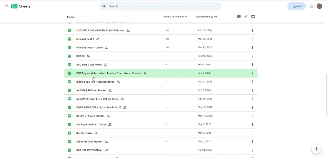 The Google Sheets file list, showing recent spreadsheets with sharing icons and last-opened dates.