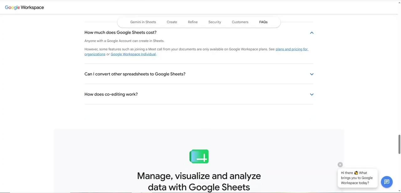 Google Workspace's Sheets FAQ page, answering questions about cost, converting other spreadsheets, and co-editing.