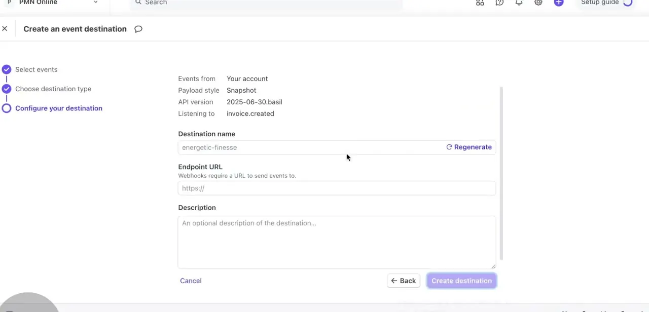 The final configuration step: naming the destination and entering the endpoint URL that will receive the webhook events.