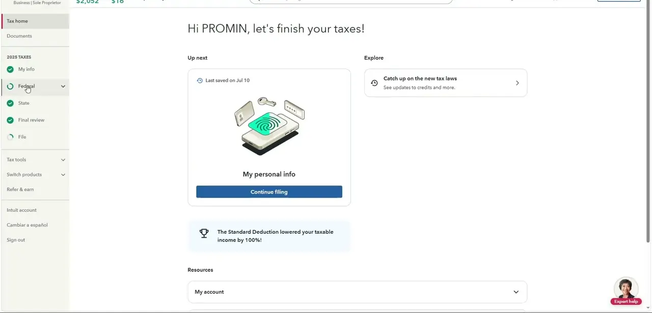 The Federal section expanded from Tax home, with Other tax situations as the sub-section that holds the Identity Protection PIN question.