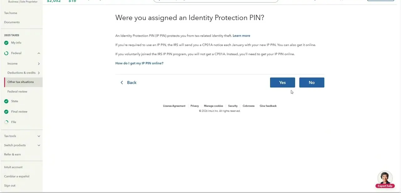 TurboTax's "Were you assigned an Identity Protection PIN?" screen, explaining the CP01A notice and the online retrieval option for voluntary participants.