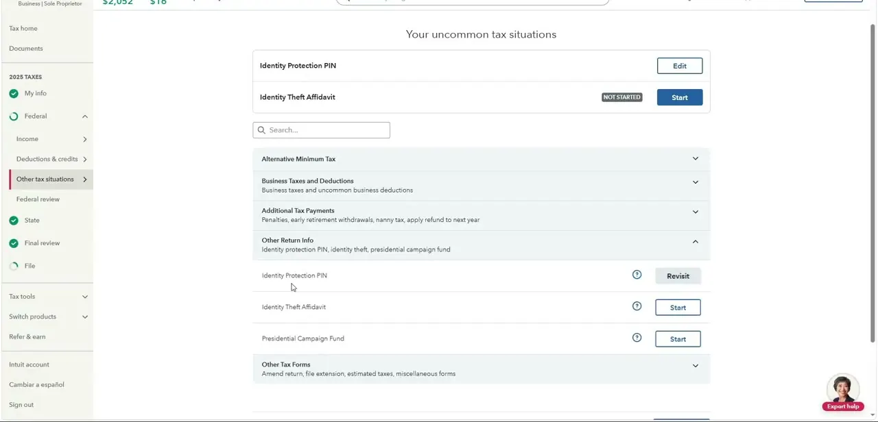 Your uncommon tax situations screen, showing Identity Protection PIN already entered with an Edit option, alongside the separate Identity Theft Affidavit.