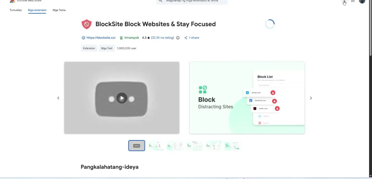 BlockSite's Chrome Web Store listing — a dedicated site-blocking extension with over a million users, built around blocking categories of sites rather than single URLs.