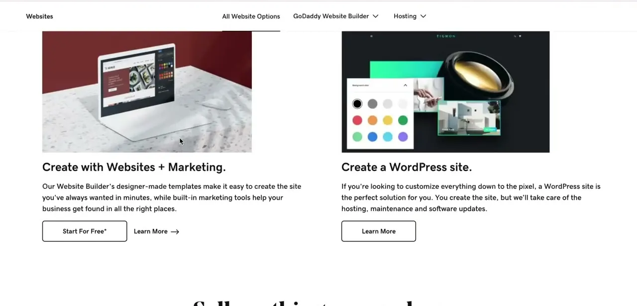 The Websites and Hosting section, comparing Website Builder's templates-and-marketing approach against a self-managed WordPress site.