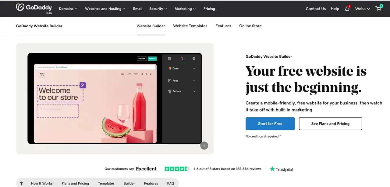 The GoDaddy Website Builder landing page, showing the editor preview with its Color, Font, and Buttons panel alongside the Start for Free and See Plans and Pricing buttons.