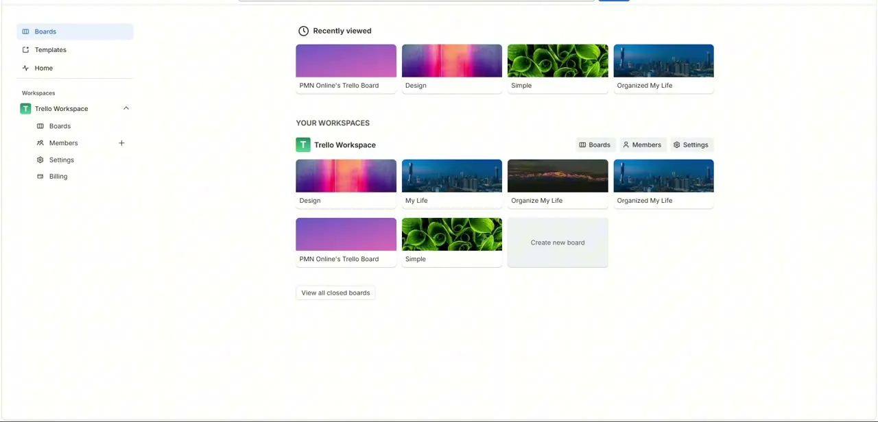 The Trello Boards dashboard, showing Recently Viewed boards and the full board grid under Your Workspaces.