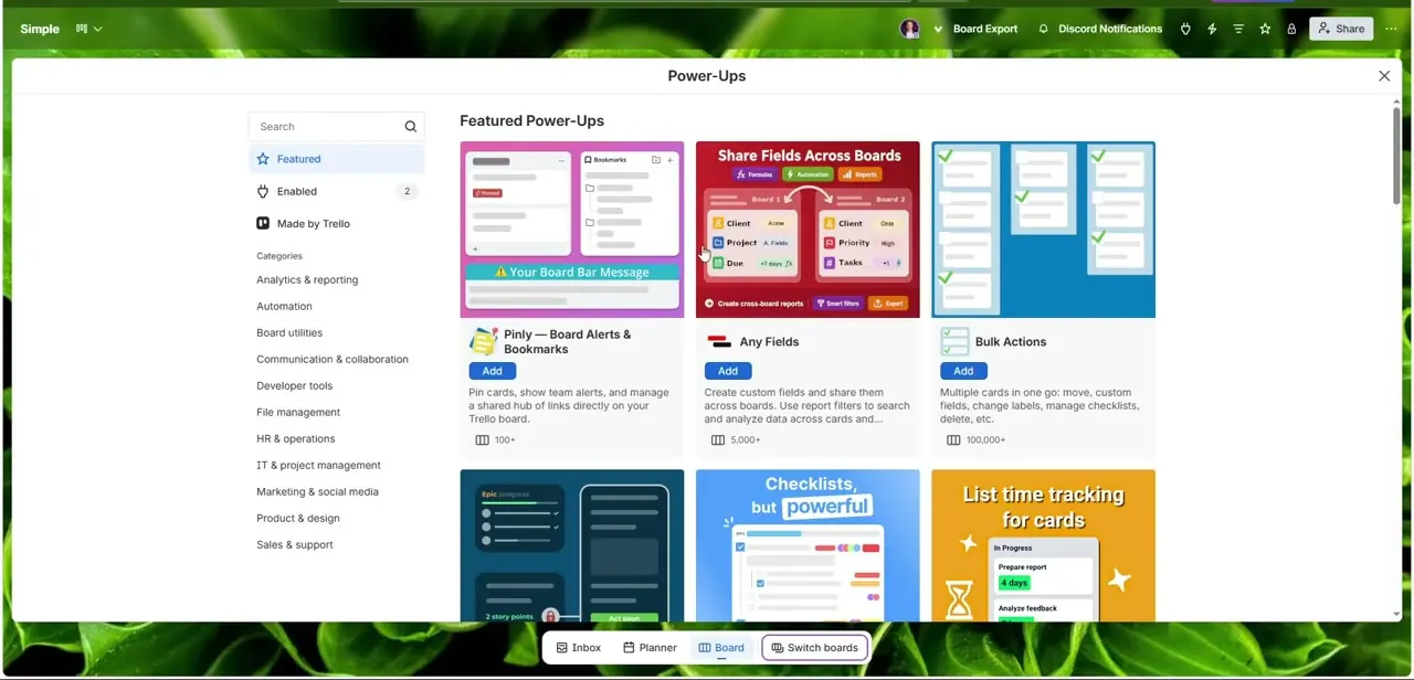 Trello's Power-Ups directory open to Featured, with a category sidebar and search field for finding a specific integration.