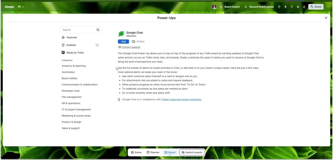 The Google Chat Power-Up's detail page, listing example alert types like card assignments, attachments, list moves, and due date changes.