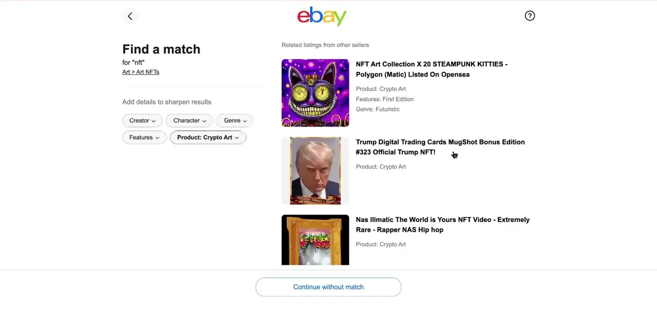 The Find a match screen for an NFT search, showing related Crypto Art listings and the filters eBay uses to categorize them.