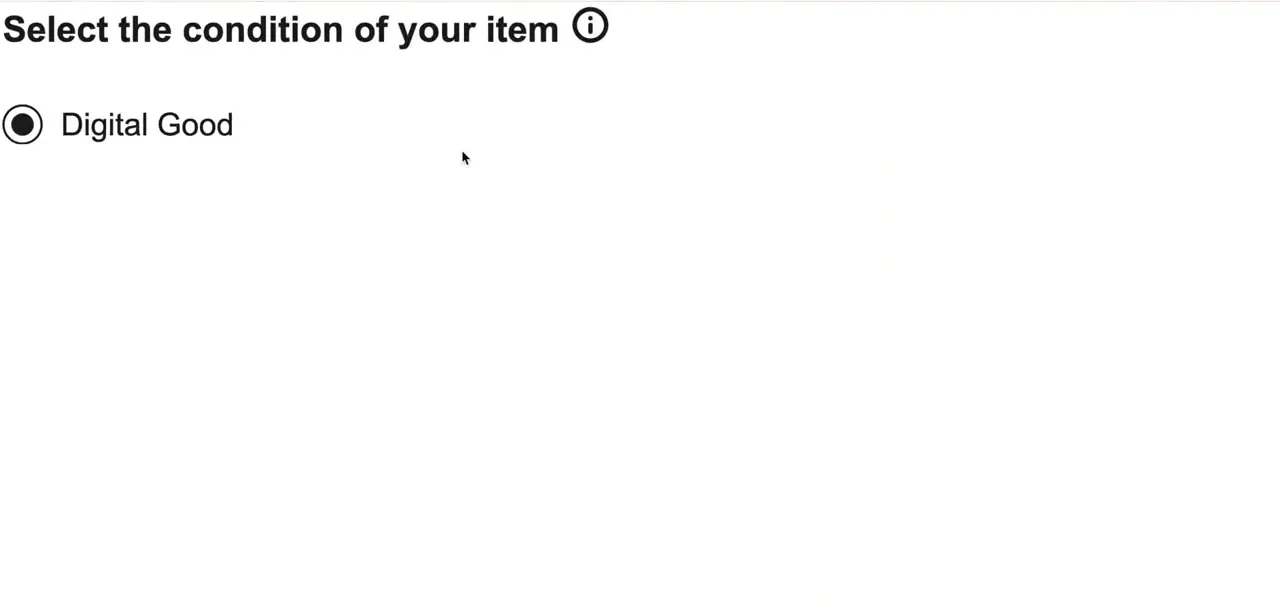 The condition step of the listing form, with Digital Good selected as the item's condition.