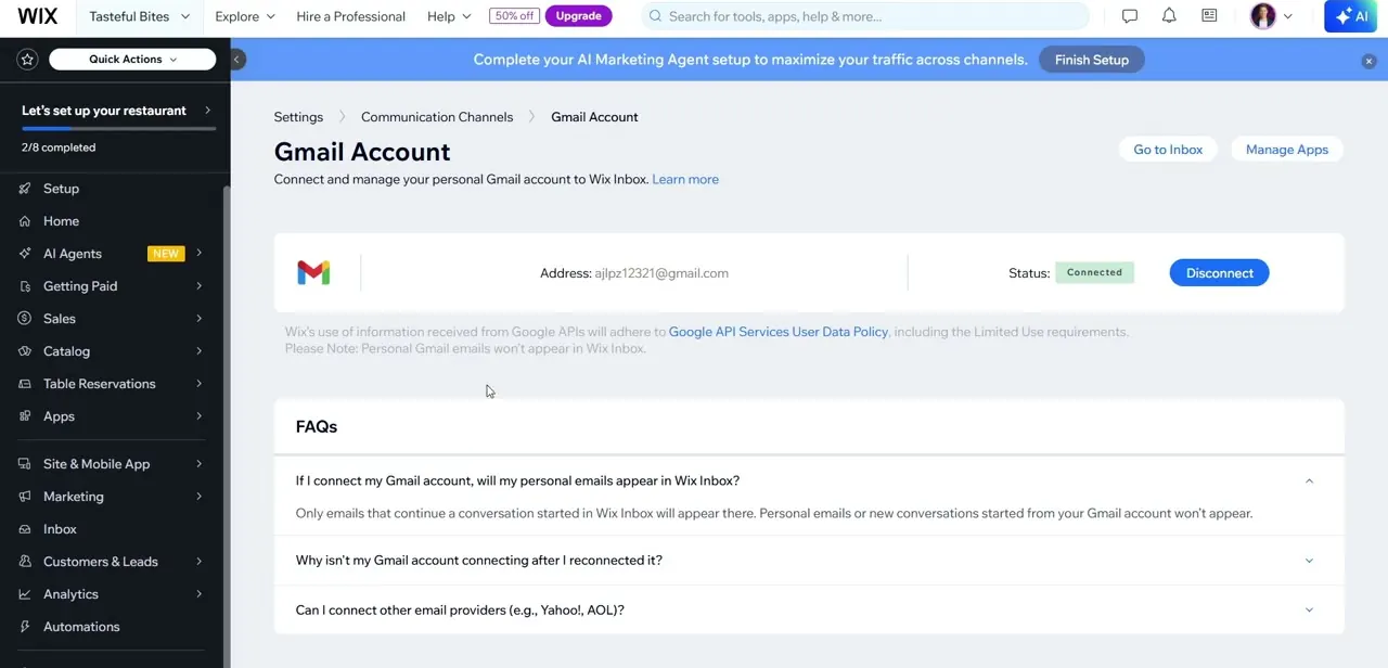 The Gmail Account page once connected, showing the linked address, a Connected status, and a Disconnect option.