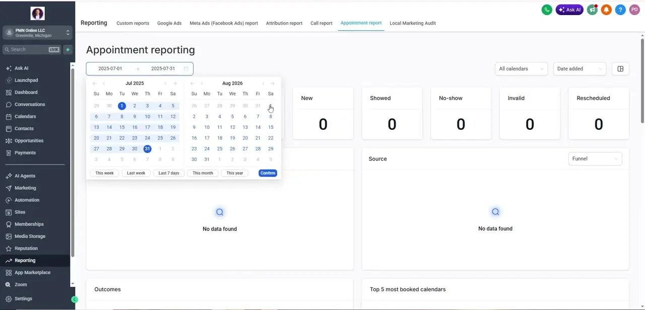 The date range picker open on the Appointment reporting page, with quick presets like This week and Last 7 days alongside manual calendar selection.