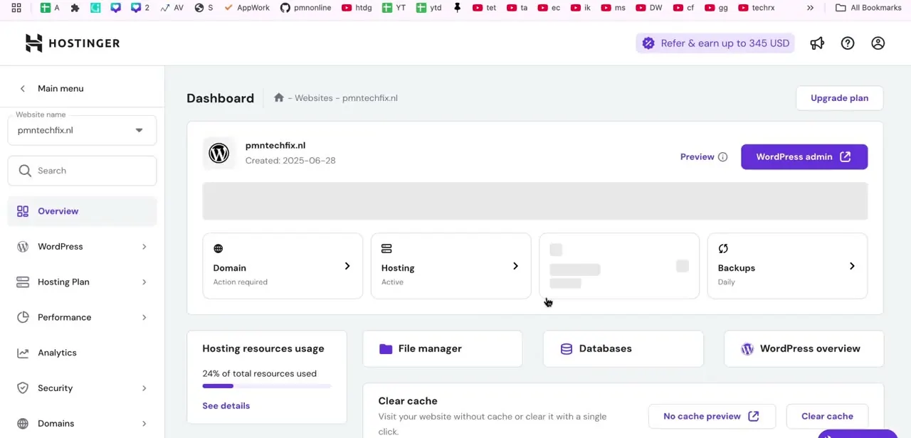 A site's hPanel dashboard, with quick-access tiles for Domain, Hosting, Backups, File manager, and Databases.
