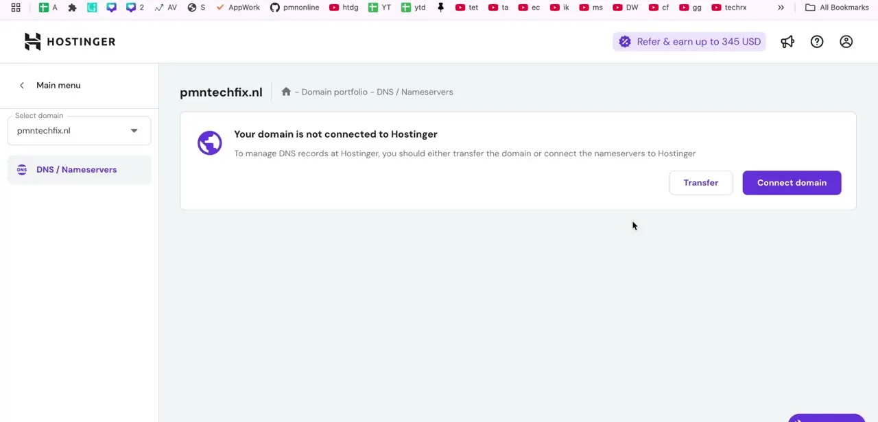 The DNS / Nameservers page, showing a domain not yet connected to Hostinger with Transfer and Connect domain options.