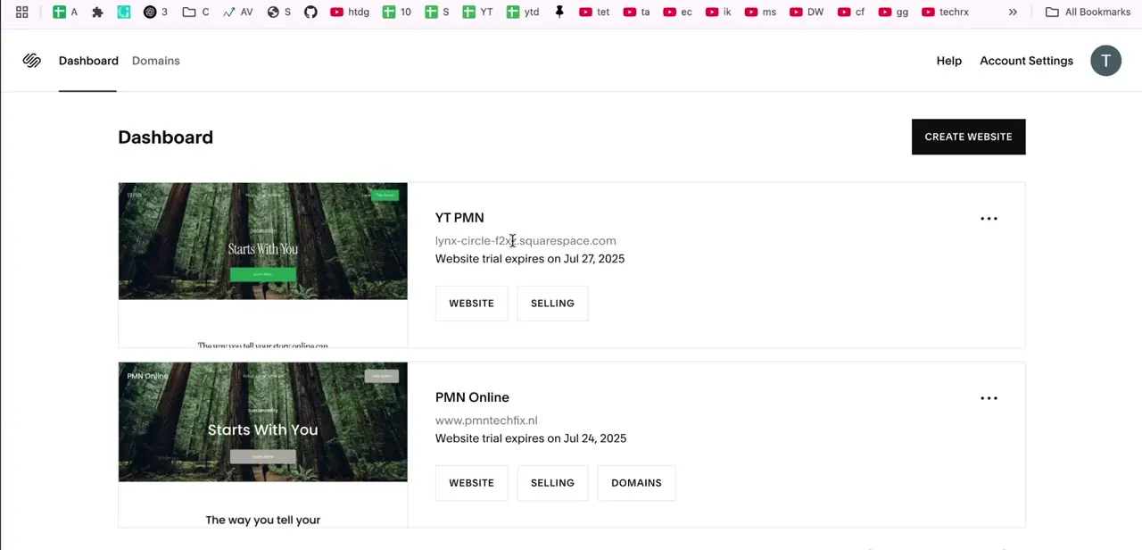 The Squarespace Dashboard, listing two sites with their working URLs and trial expiration dates — click into the one you're ready to publish.