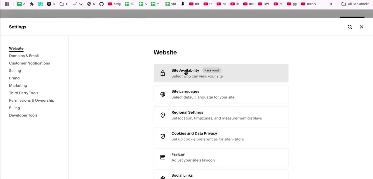 The Settings > Website panel, with Site Availability at the top currently tagged Password — this is the option that controls who can view the site.