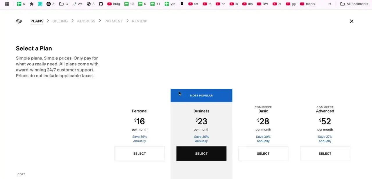 The Select a Plan screen during checkout, showing Personal, Business, and two Commerce tiers with monthly pricing and annual-savings notes.