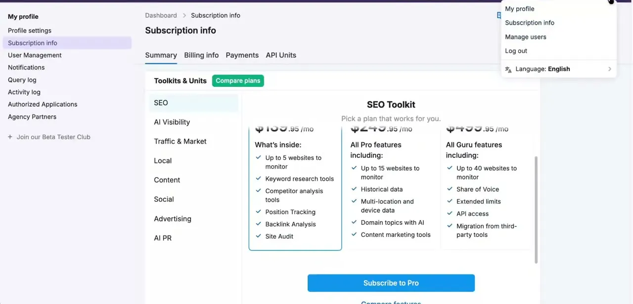 The Subscription Info page comparing SEO Toolkit tiers, with API access listed among the higher-tier features.