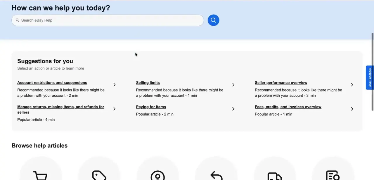 The Help center landing page, with a search bar and a grid of suggested articles based on recent account activity.