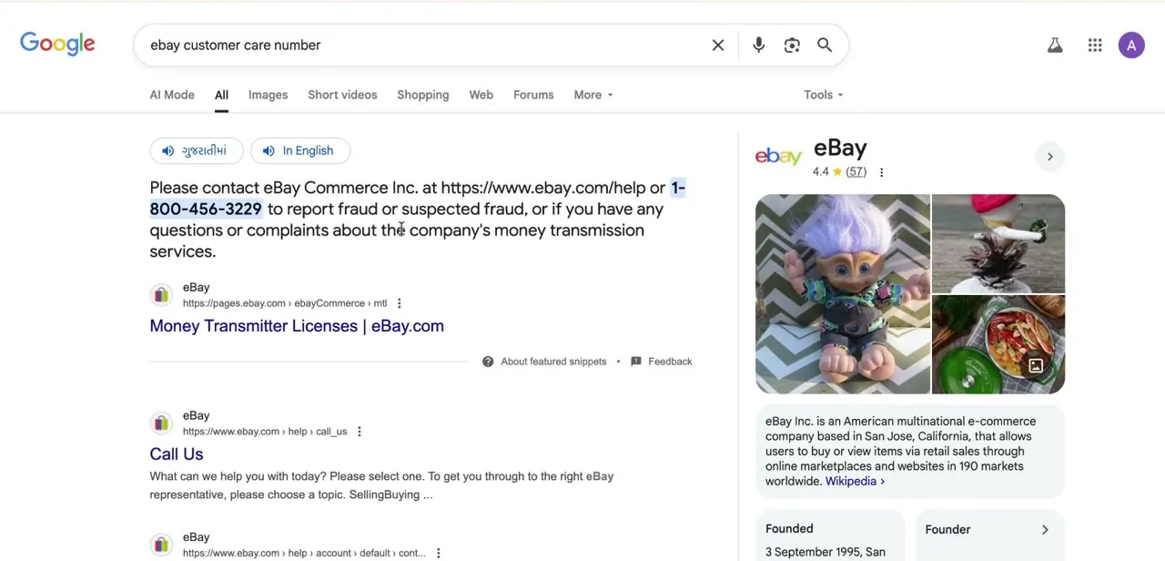 A Google search for eBay's customer care number, useful as a cross-check but not a substitute for the number shown in your own account.