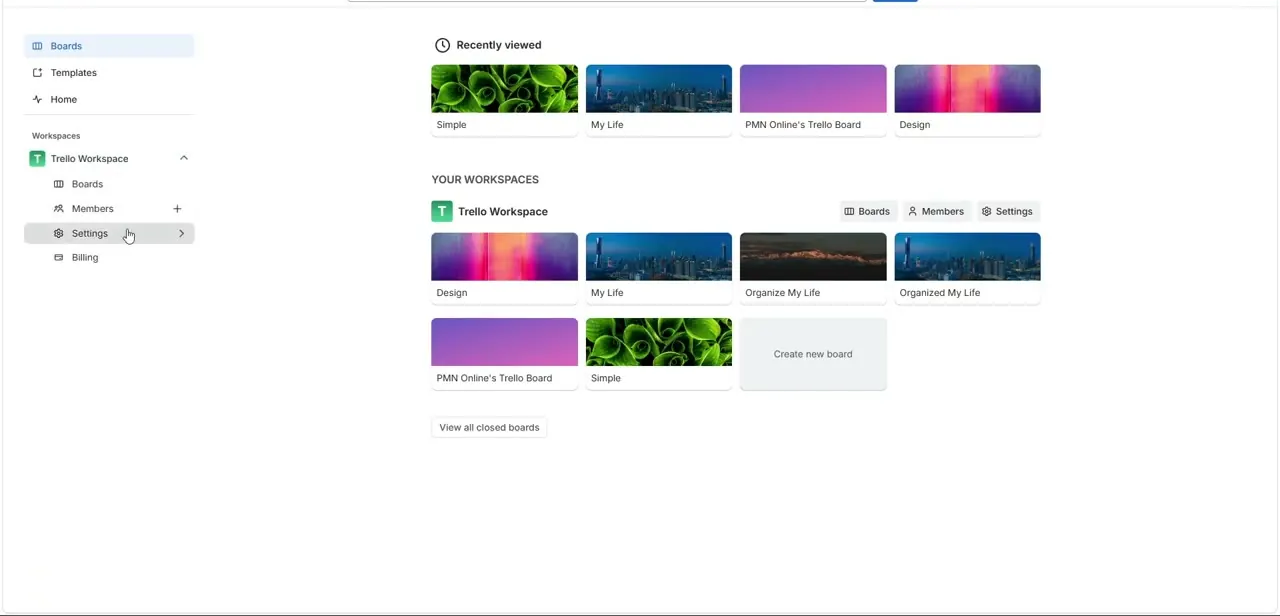 The Workspace sidebar with Boards, Members, Settings, and Billing. Slack linking permissions live under Settings, one level above any individual board.