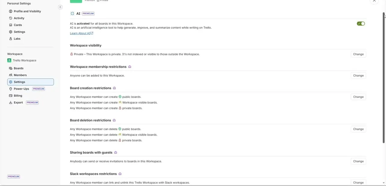 Workspace Settings, showing the "Slack workspaces restrictions" row that decides who on the team can connect or disconnect Slack.