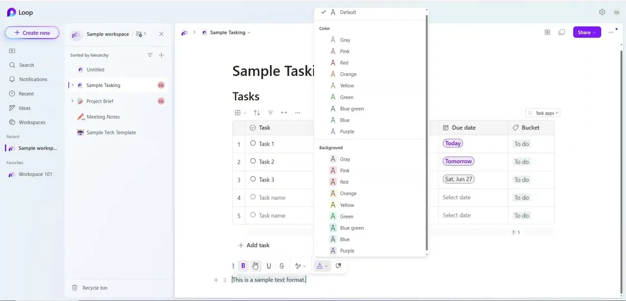 The expanded color menu, split into Color and Background sections with the same nine-color palette available for both.