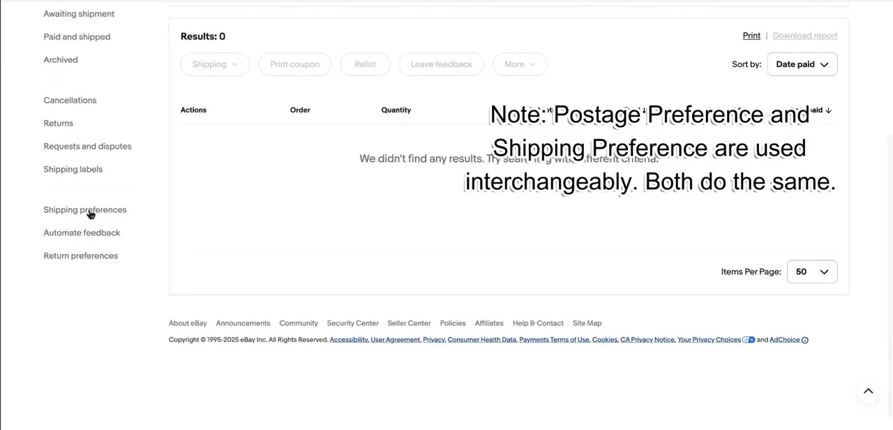 The Shipping preferences area in Seller Hub, with a note clarifying that "Postage Preference" and "Shipping Preference" are the same setting under different names.