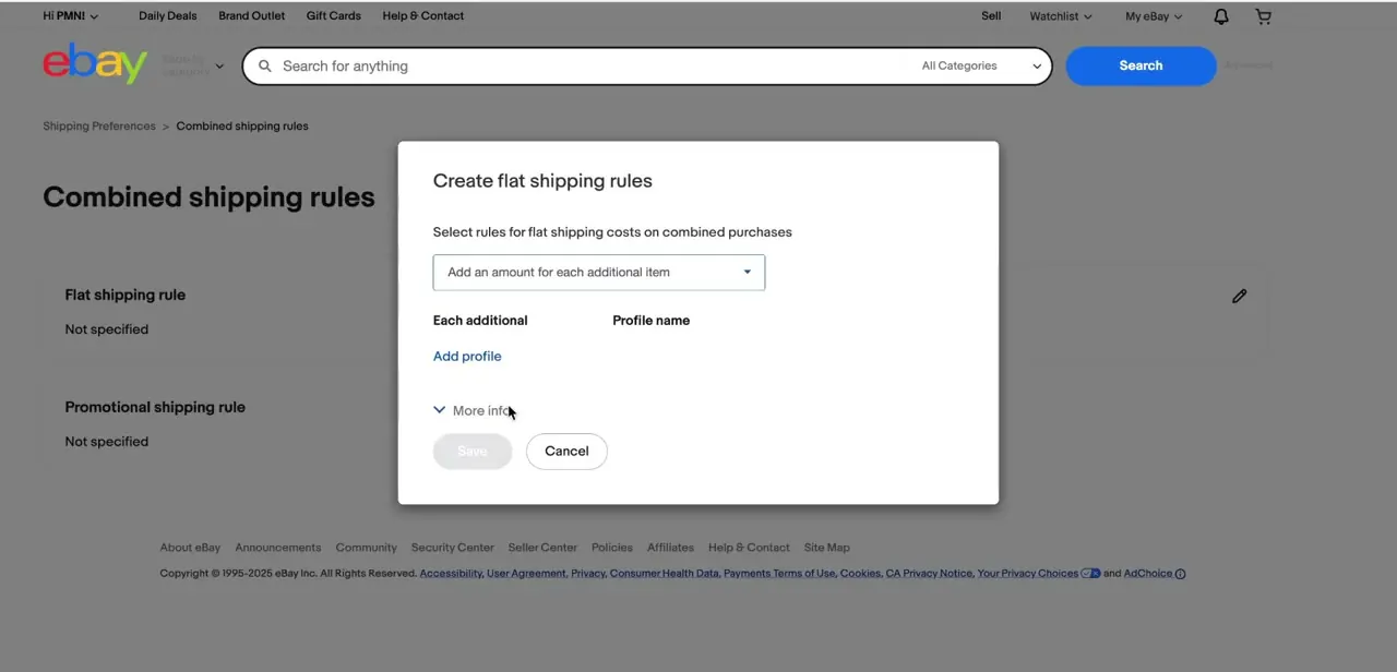 The Create flat shipping rules dialog, with the "Add an amount for each additional item" option selected and a profile name field for saving the rule.