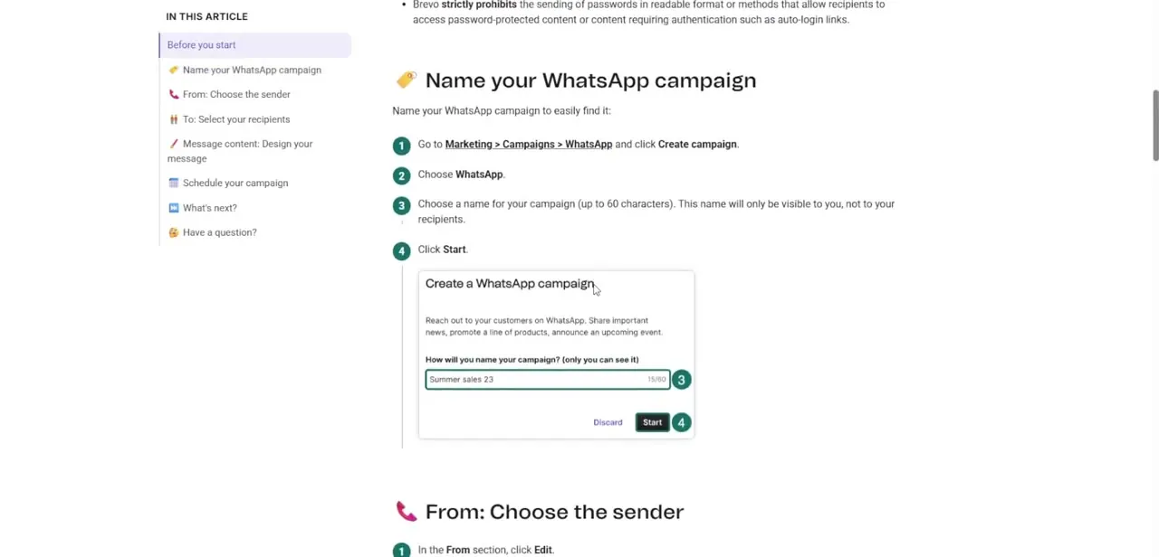 The Create a WhatsApp campaign panel, where you name the campaign before moving on to choosing a sender and recipients.