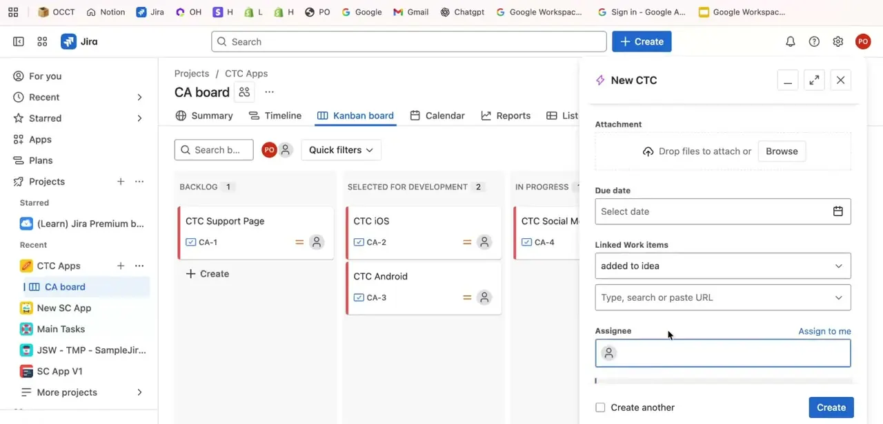 The Create panel with fields for attachments, due date, linked work items, and assignee — the fields that carry over into every cloned copy.