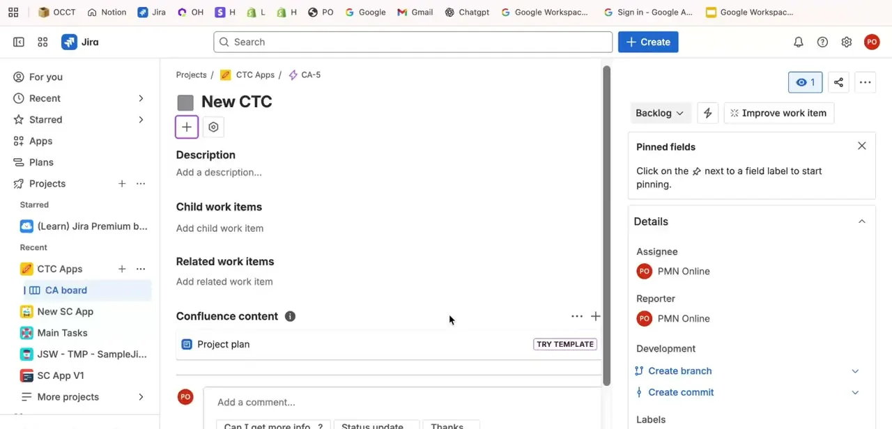 The epic's detail view with empty Description, Child work items, and Related work items sections — this is where template content gets filled in before the epic is ever cloned.