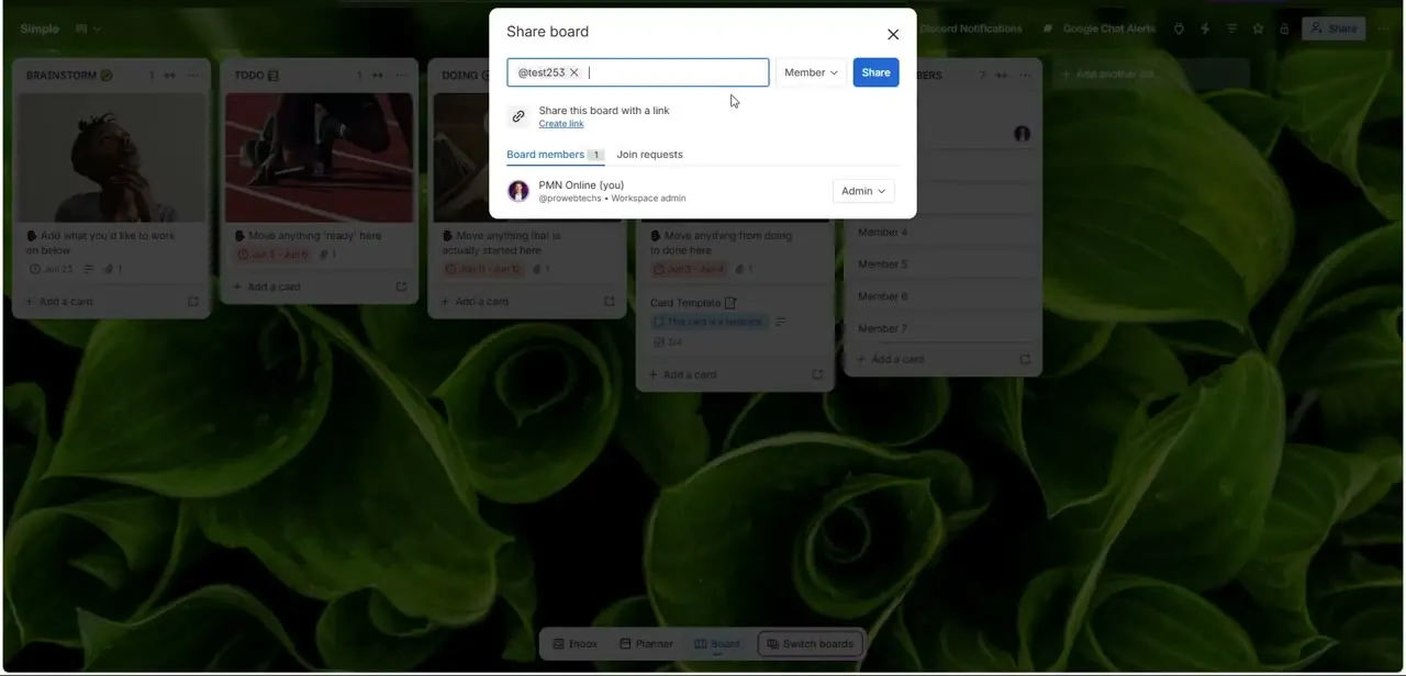 The Share board dialog with a username entered and a permission dropdown next to the Share button.