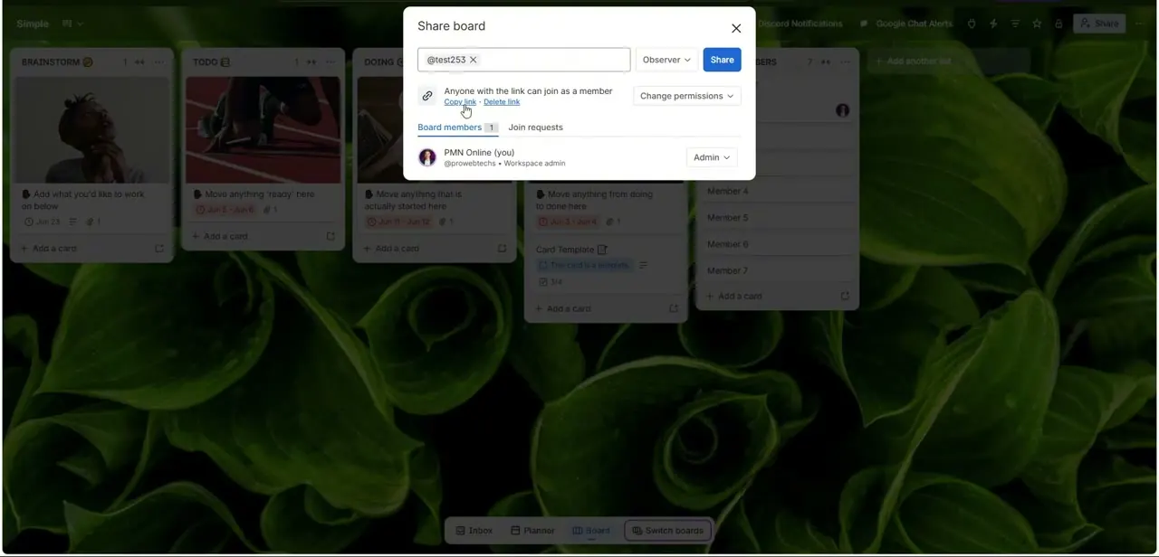 The link-sharing option inside the Share dialog, showing that anyone with the link can join and a Change permissions control next to it.