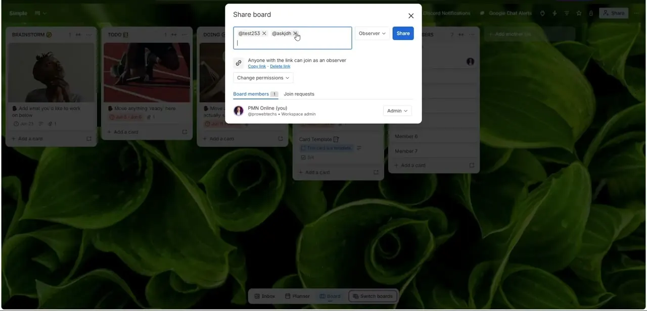 Two people queued up to be invited with their role set to Observer, with the current workspace admin listed below as the existing board member.
