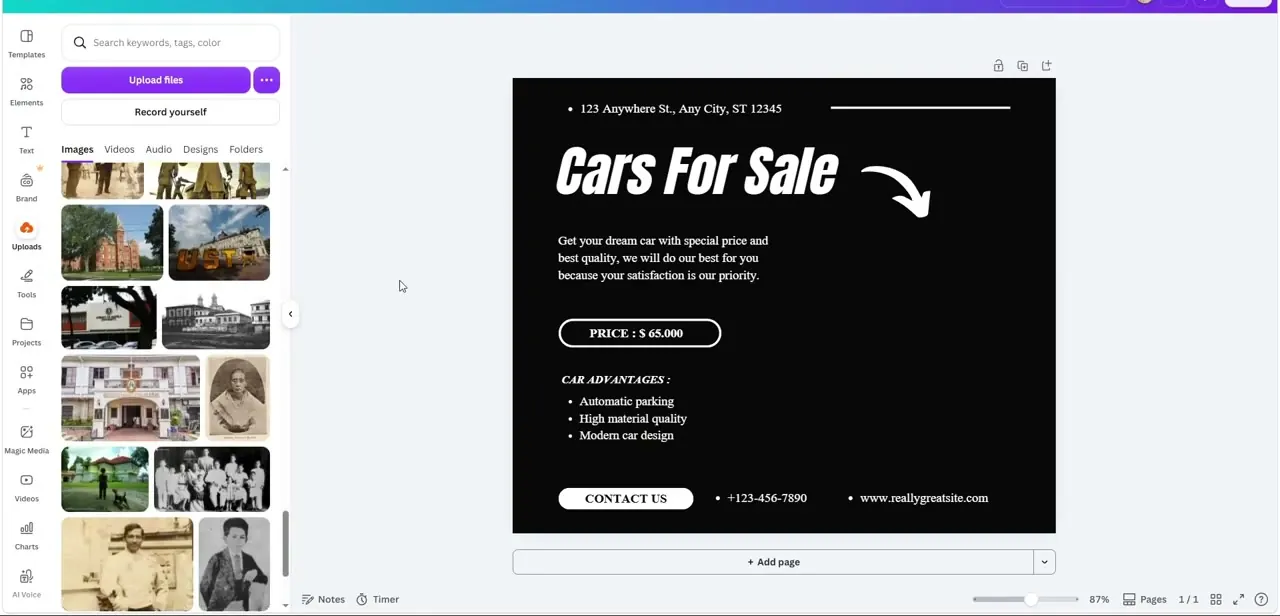 A template customized with real copy and a call-to-action button, with the Uploads panel open to swap in original images.