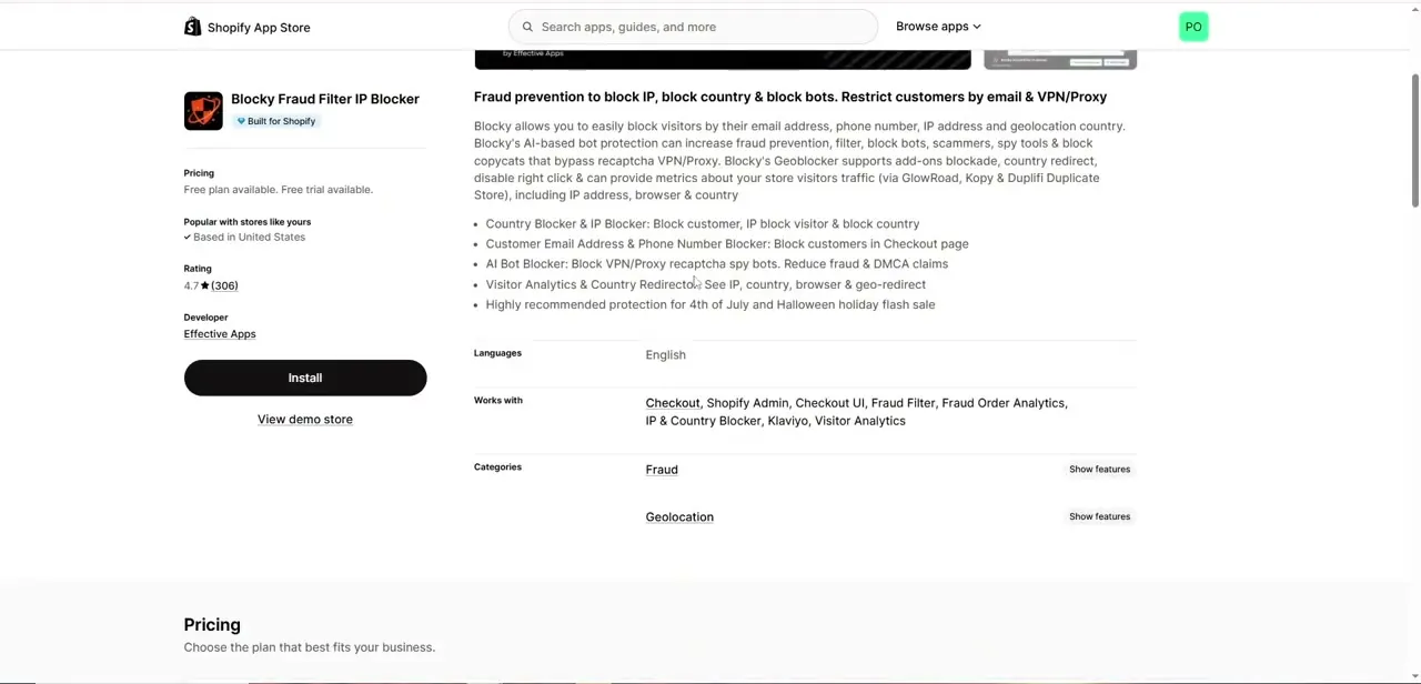 A fraud-prevention app listing in the Shopify App Store, showing IP and country blocking, bot protection, and a free plan to start with.